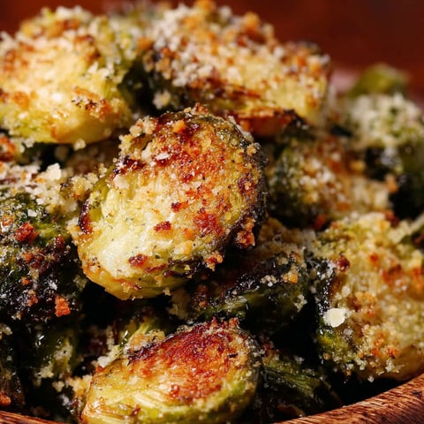 A bowl of roasted garlic parmesan brussels sprouts.