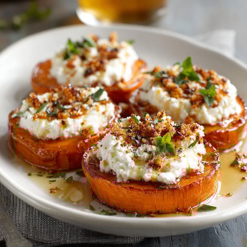 Sweet potato rounds with whipped cottage cheese and hot honey.