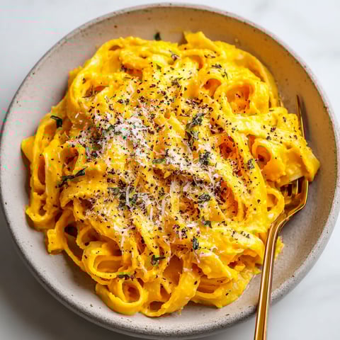 A bowl of creamy pumpkin fettuccine.