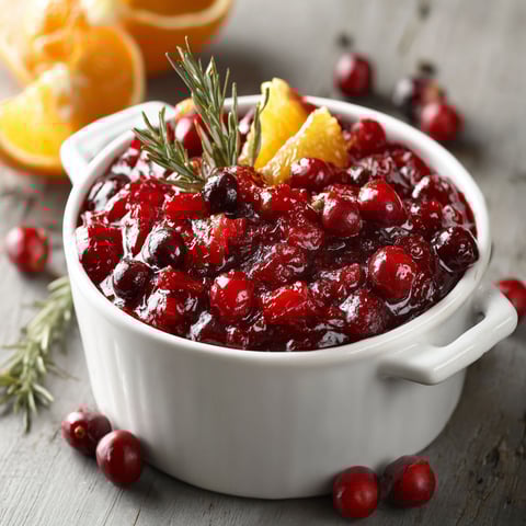A bowl of cranberry sauce with a sprig of rosemary on top.