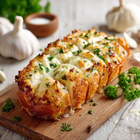 A cheesy roasted garlic bread on a wooden cutting board.