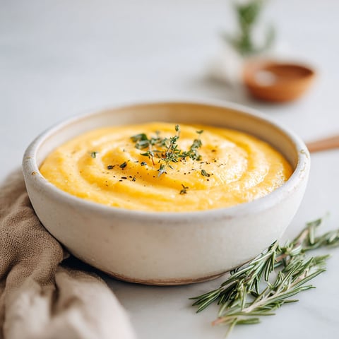 A bowl of creamy polenta with herbs on top.