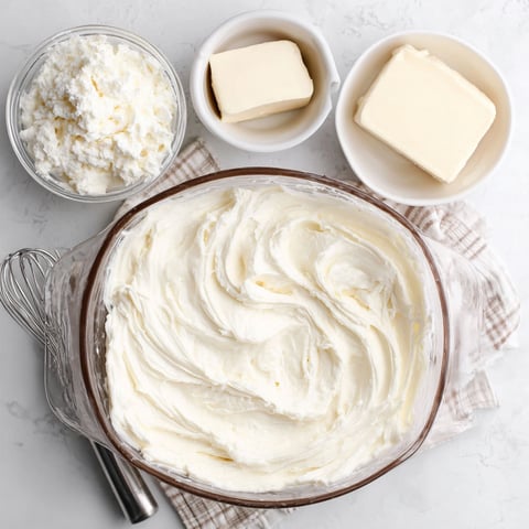 A bowl of cream cheese frosting with butter and flour.