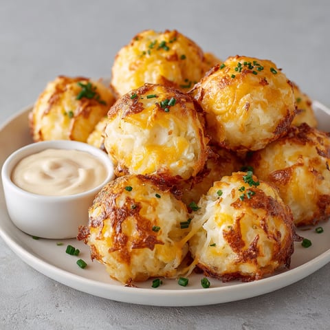 A plate of mashed potato balls with a dipping sauce.