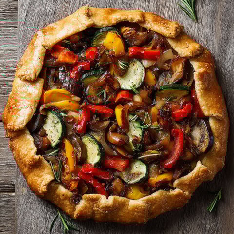 A vegan roasted vegetable galette on a wooden table.