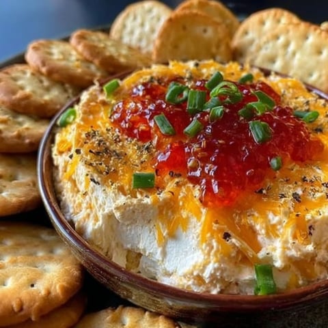 A bowl of cheese dip with peppers and jelly.