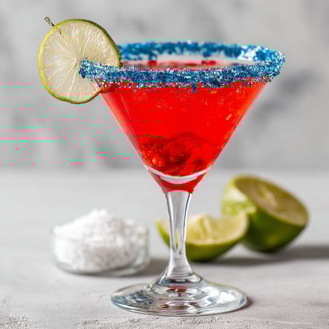 A glass of red liquid with a slice of lime on top.