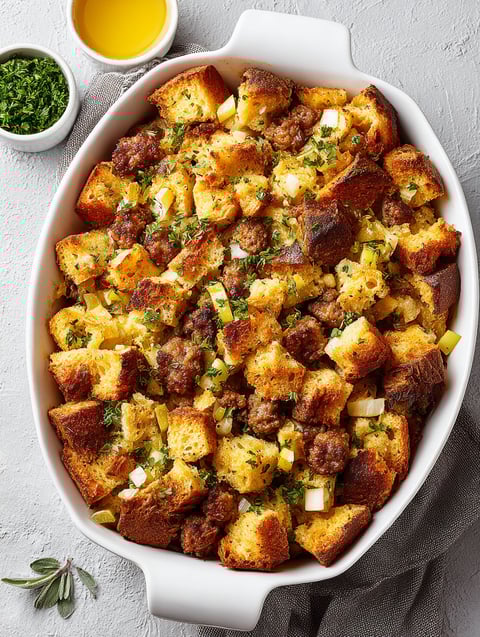 A white bowl filled with sausage and bread.