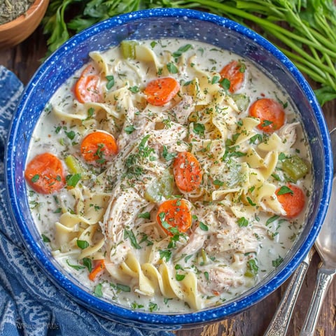 A bowl of creamy chicken noodle soup.