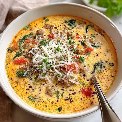 A bowl of soup with cheese and tomatoes.