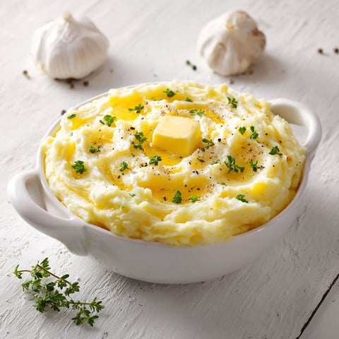 A bowl of creamy mashed potatoes with a yellow sauce.