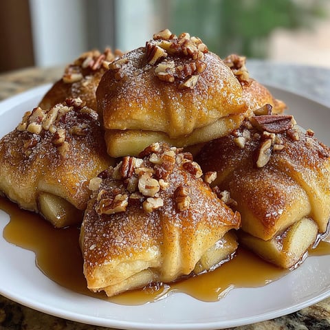 A plate of apple pie bites with a syrup sauce.