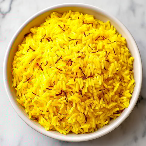 A bowl of yellow rice with saffron.