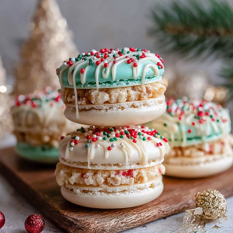 Macarons with white frosting and red sprinkles on a wooden board.
