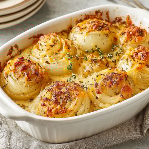 A white bowl filled with a cheesy baked onion casserole.