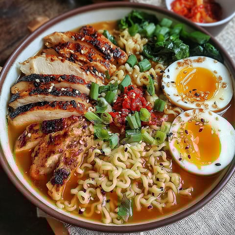 A bowl of ramen with chicken, noodles, and vegetables.