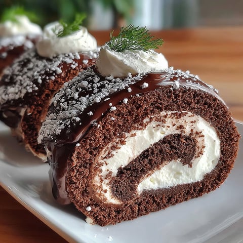 A chocolate cream swiss roll with white frosting.