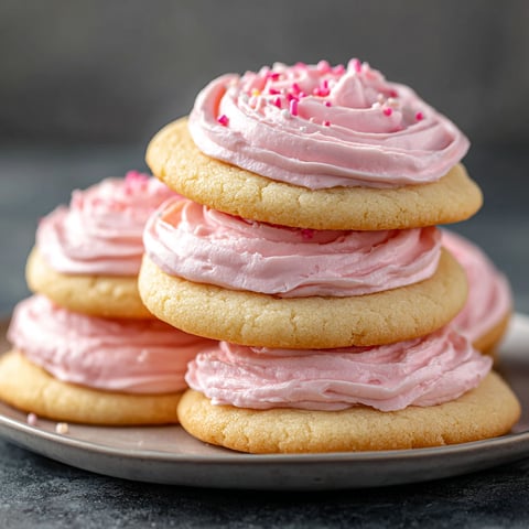 A stack of soft sugar cookies with pink frosting.