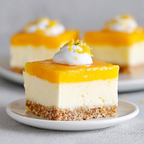 A slice of mango cheesecake bar with a lemon wedge on top.