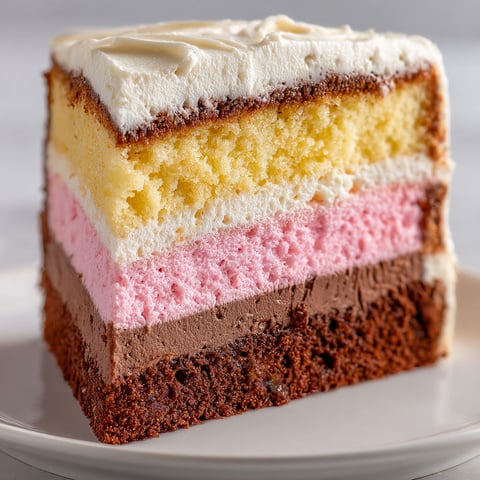 A slice of Neapolitan layer cake.