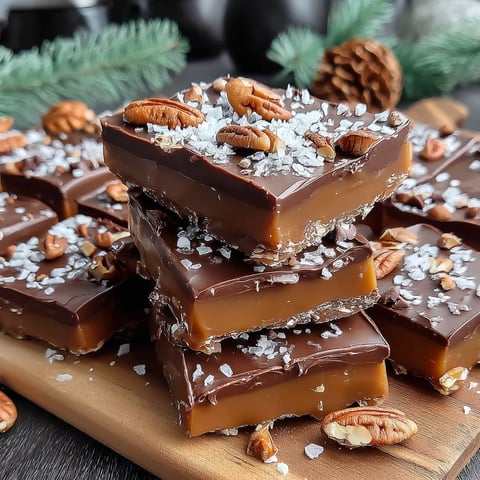 A stack of chocolate toffee bars with nuts on top.