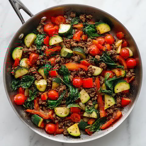 A skillet filled with ground beef and vegetables.