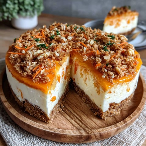 A slice of carrot cake cheesecake on a wooden platter.