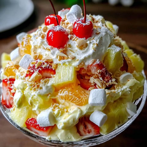 A delicious Hawaiian cheesecake salad with strawberries and pineapple.