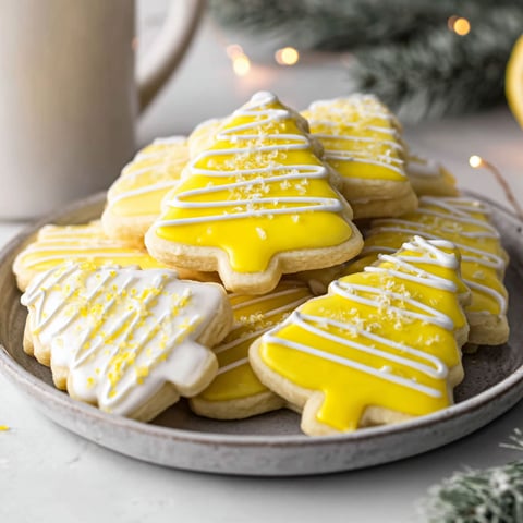 A plate of cookies with a lemon tree on top.