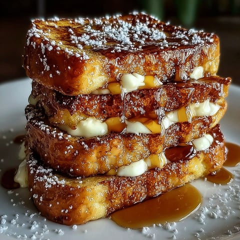 A stack of French toast with powdered sugar and syrup.