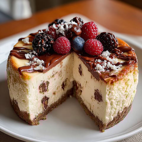 A slice of delicious protein cheesecake with berries on top.