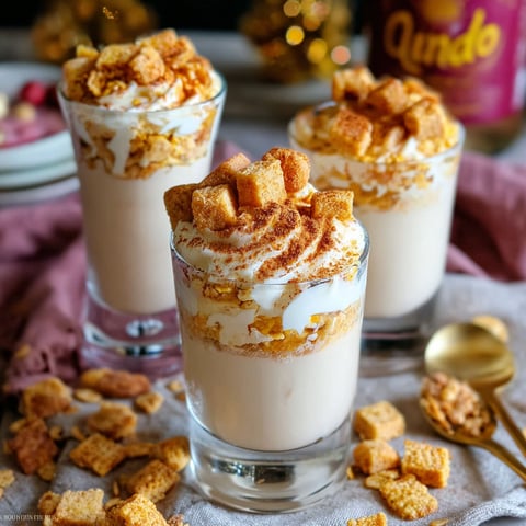Three glasses filled with a creamy dessert topped with crunchy cinnamon toast crunch.