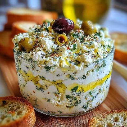 A creamy green olive and feta dip in a glass bowl.