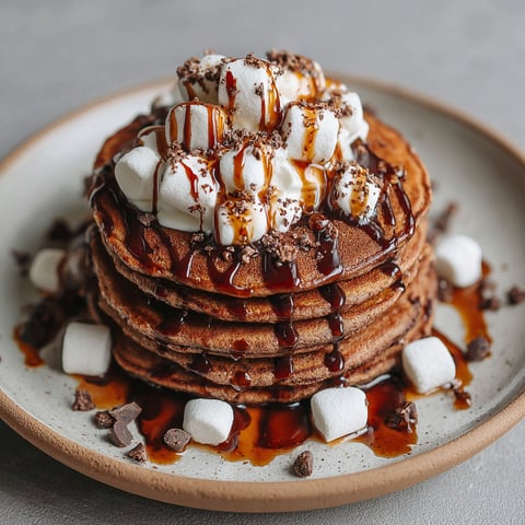 A stack of pancakes with marshmallows and chocolate syrup.