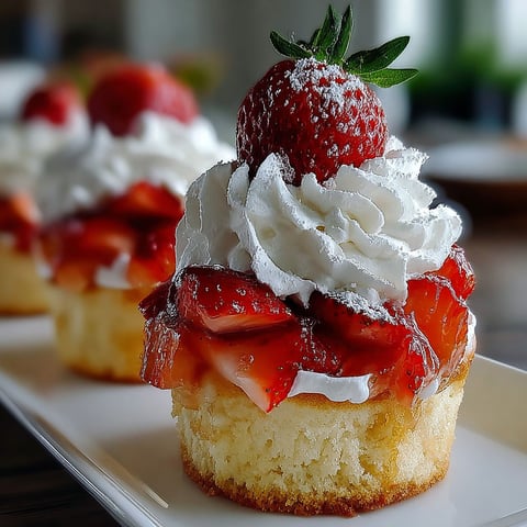 Three strawberry shortcake cups with whipped cream.