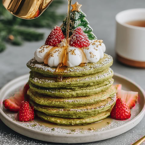 A stack of pancakes with strawberries and whipped cream on top.