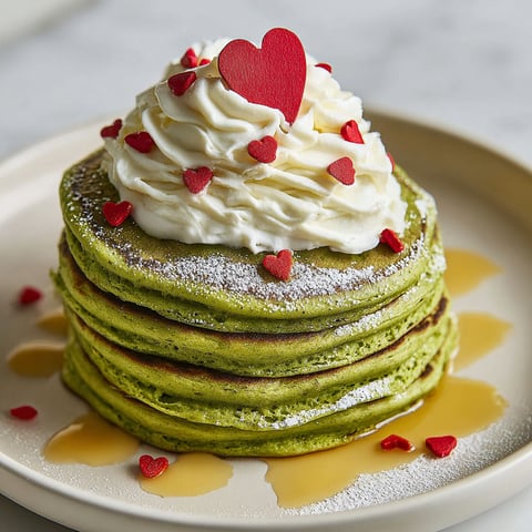 Grinch pancakes with white whip and red hearts.