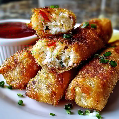 Crispy crab cake egg rolls on a plate.