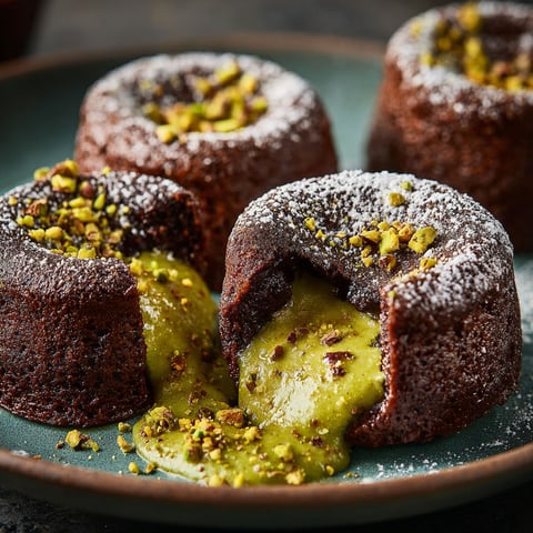 Three chocolate cakes with pistachio topping.