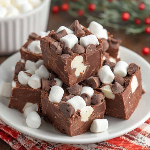 A plate of chocolate fudge with marshmallows on top.