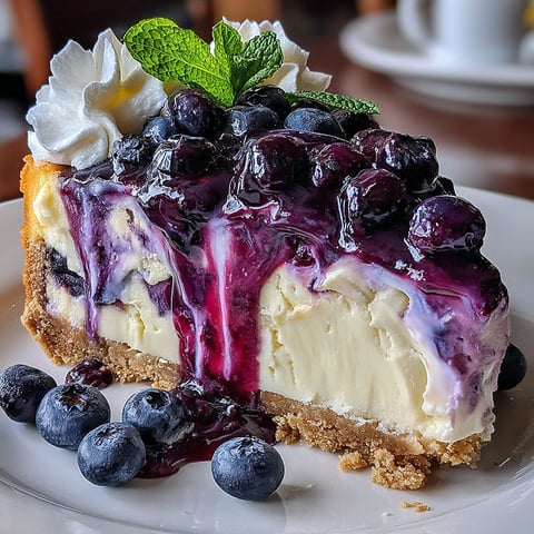 A slice of white chocolate blueberry cheesecake.