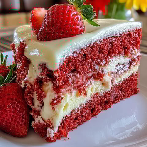 A slice of red velvet cake with strawberries on top.