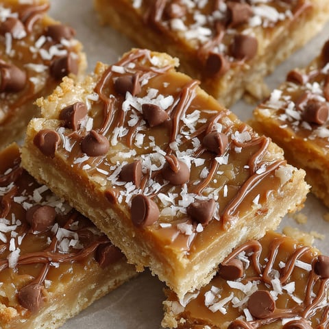 A close up of a caramel coconut bar.