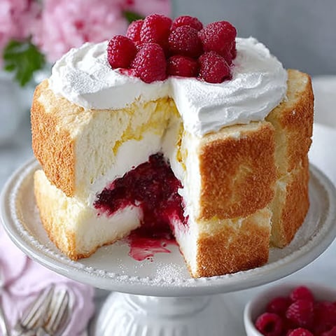 A slice of homemade raspberry and cream angel food cake.