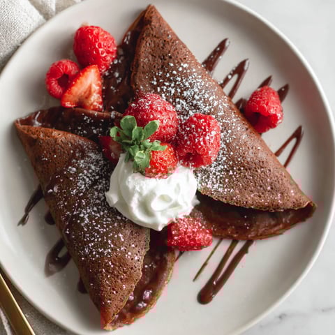 A plate of chocolate crepes with strawberries on top.