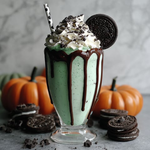 A glass of milkshake with cookies and cream.