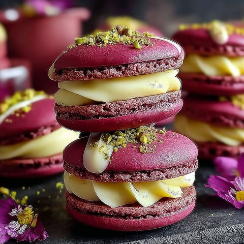A stack of three macarons with white and red toppings.