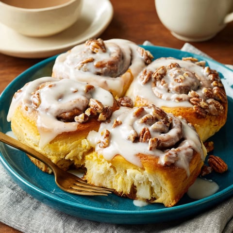 A plate of pecan cinnamon rolls.