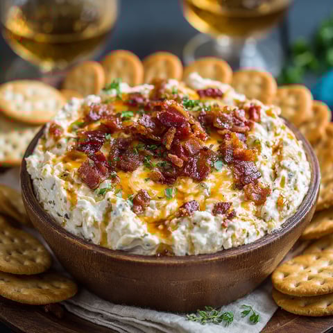 A bowl of bacon cheddar dip with crackers.