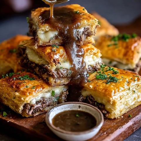 French dip squares with sauce drizzled on top.
